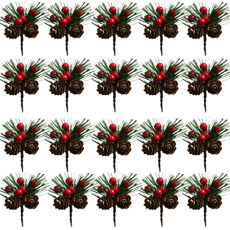 Acronde 20PCS Artificial Pine Picks Christmas Simulation Pine Needle Small Berries Pinecones for Flower Arrangements Wreaths Wedding Garden Xmas Tree Decorations (Red) - Image 1
